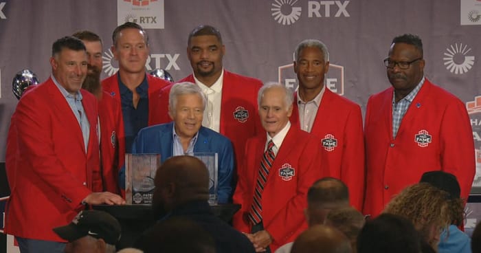 New England Patriots Hall of Fame Induction Ceremony for Mike Vrabel (far left) and Dante Scarnecchia (bottom right)